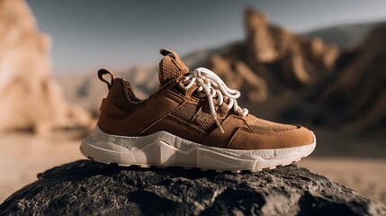 A brown sneaker with white laces, resting on top of a black rock in the desert, against a brown background. This is captured from a side perspective, highlighting both the upper.