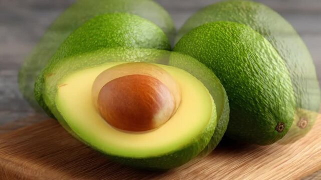 A vibrant, close-up still life showcases fresh, ripe avocados arranged aesthetically on a rustic wooden cutting board. One avocado is meticulously halved, revealing its smooth, creamy, light green fle