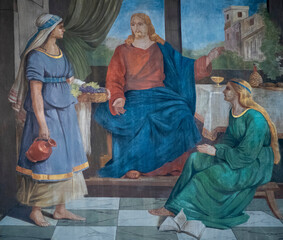 Fresco (19th century) of Jesus at the home of Martha and Mary in the village of Bethany. © Joan