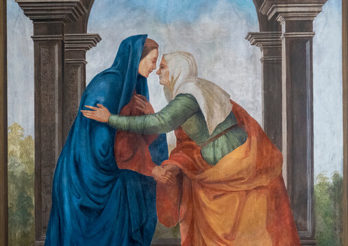Fresco (19th century) of Visitation of the Virgin Mary to her pregnant cousin Elizabeth.
