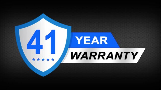 41 year warranty premium shield badge. Blue security guarantee emblem, product protection label, trust assurance icon on modern dark background.