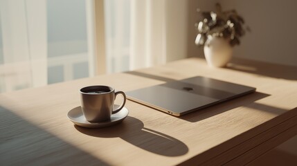 Quiet morning workspace with coffee and closed laptop