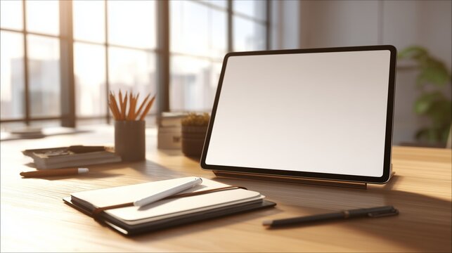 Clean wooden desk featuring blank tablet with stylus, spiral notebook and soft natural light streaming across organized creative workspace