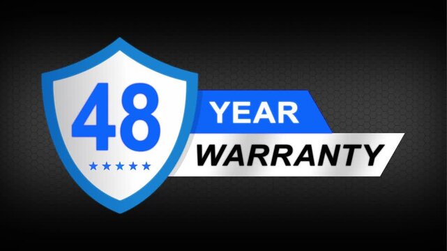 48 year warranty premium shield badge. Blue security guarantee emblem, product protection label, trust assurance icon on modern dark background.