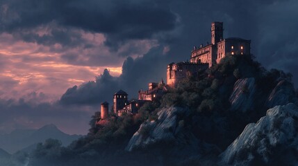 Medieval castle on a cliff edge at dramatic sunset