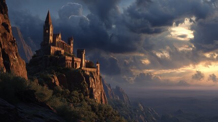 Obraz premium An imposing, ancient fortress perched high on a rugged mountain under a stormy orange sky