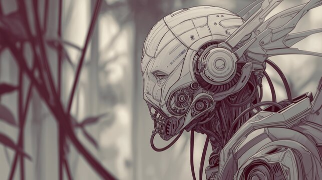 Detailed monochrome line art of a futuristic cyborg head