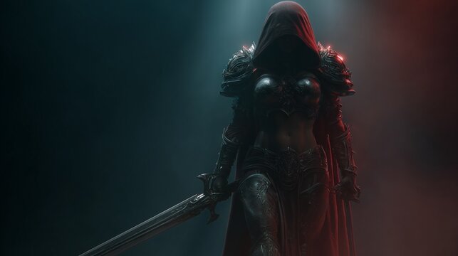 Dark fantasy female warrior in armor with sword