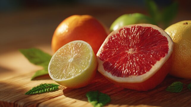 A close-up of a halved grapefruit and lime, surrounded by other bright, whole citrus fruits - Powered by Adobe