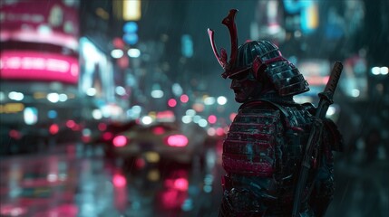 A cyberpunk metropolis at night, where a traditional samurai is silhouetted by neon in the pouring rain