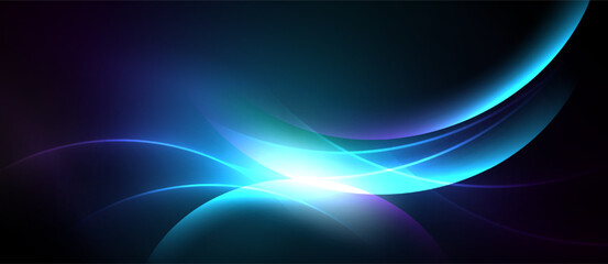 Abstract flowing lines, vibrant blues, purples create luminous energy. Dark background emphasizes bright central glow.