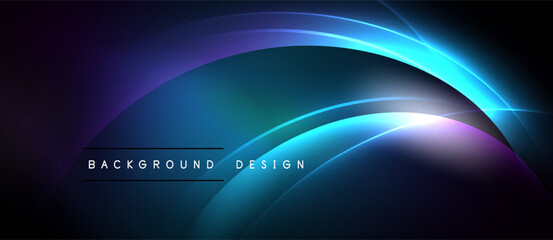 Abstract background features flowing curves, vibrant blues, purples. Light streaks create dynamic visual effect. Modern design element.