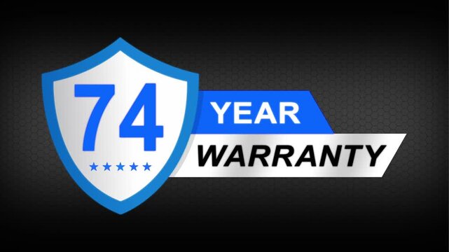 74 year warranty premium shield badge. Blue security guarantee emblem, product protection label, trust assurance icon on modern dark background.