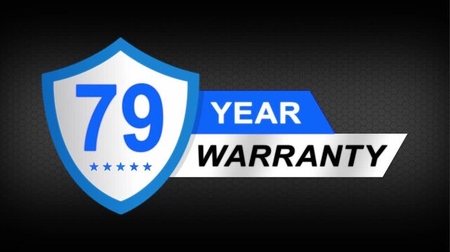 79 year warranty premium shield badge. Blue security guarantee emblem, product protection label, trust assurance icon on modern dark background.
