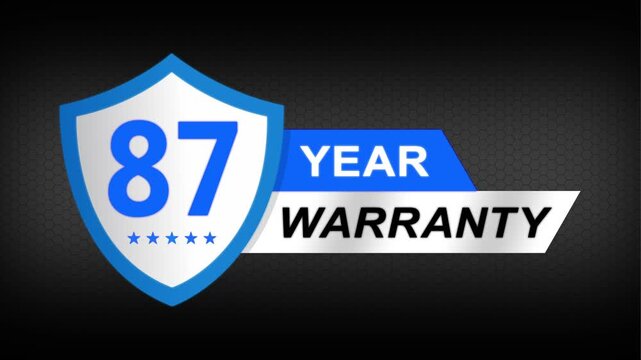 87 year warranty premium shield badge. Blue security guarantee emblem, product protection label, trust assurance icon on modern dark background.