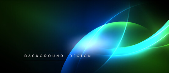 Abstract neon lines create dynamic flow. Bright blues, greens blend into dark background. Modern design element.
