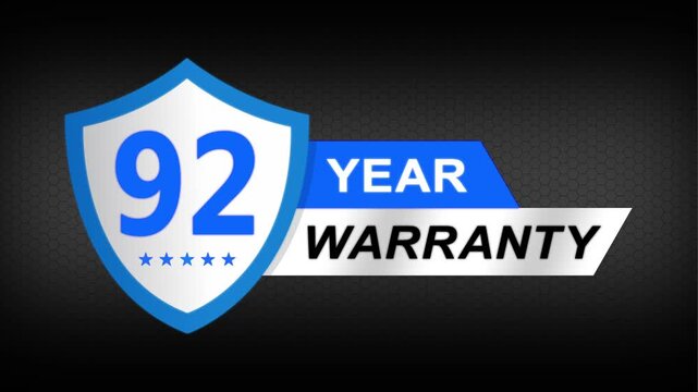 92 year warranty premium shield badge. Blue security guarantee emblem, product protection label, trust assurance icon on modern dark background.