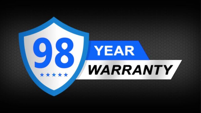 98 year warranty premium shield badge. Blue security guarantee emblem, product protection label, trust assurance icon on modern dark background.