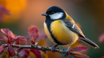 Naklejka premium A Great Tit perched on a thin branch with deep red autumn leaves.