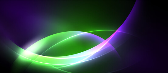Abstract vibrant curves, flowing lines. Green, purple hues dominate dark background. Smooth gradients create dynamic visual effect.