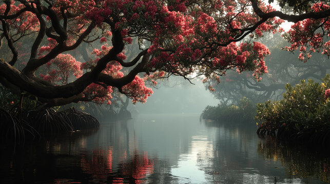 A misty mangrove swamp or bayou, with the gnarled branches of a tree bearing red or pink blossoms that hang over calm, reflective water. - Powered by Adobe