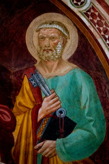 Obraz premium Fresco (14th century) of Saint Peter the apostle with the keys of the Church.