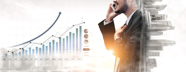 A confident businessman dressed in a suit uses a smartphone while a financial graph illustrates significant growth against an urban backdrop, symbolizing success. Scalp