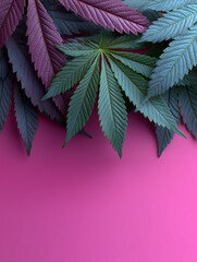 Flat lay foliage of marijuana leaves neatly arranged under magenta and cyan light