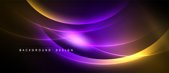 Abstract background features vibrant curves, gradients. Purple, orange hues create dynamic visual effect. Modern design element.