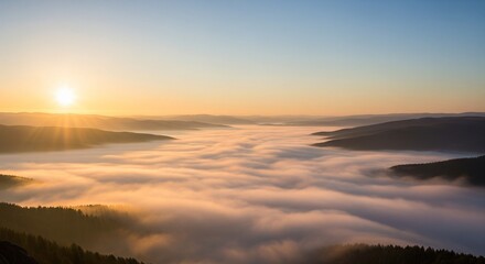 Sunrise Over Fog-Filled Valleys with Golden Light and Rolling Hills
