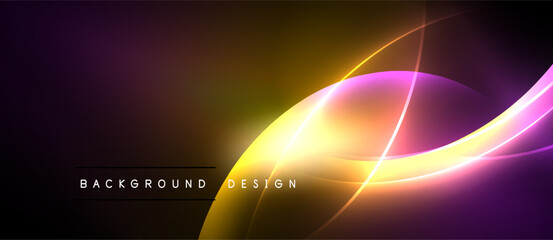Abstract vibrant waves, yellow, purple hues. Smooth gradients create dynamic visual effect. Dark background emphasizes bright energy.