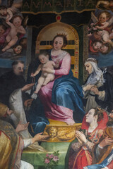 Painting (19th century) of the Virgin Mary and baby Jesus handing the rosary to St. Catherine of Siena and St.Dominic.
