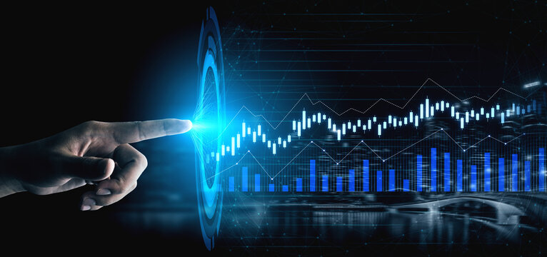 A hand reaches towards a glowing data visualization with graphs and charts, representing advanced analytics and business insights in a modern setting. Scalp