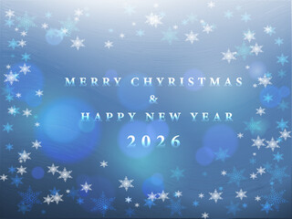 Winter vector background in a festive minimalist style with a blue gradient, snowflakes, and "Merry Christmas & Happy New Year 2026" text for cards, banners, and New Year design.