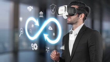 A focused business professional explores virtual reality technology, engaging with digital...