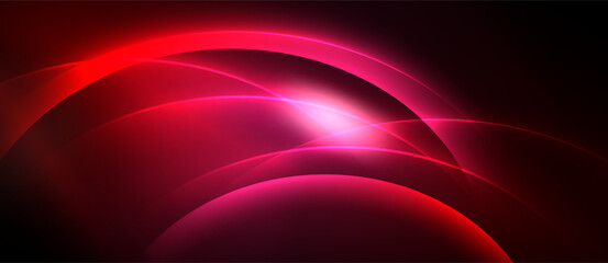Abstract crimson design features curved lines, glowing light. Dark background emphasizes vibrant color, creating dynamic visual impact.