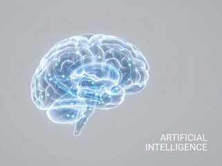 Glowing blue translucent human brain 3D render with illuminated neural network connections on a light gray background, illustrating artificial intelligence and machine learning concepts