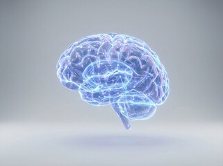 Glowing blue and purple digital human brain with intricate neural network connections, illustrating artificial intelligence and cognitive processes on a light gray background