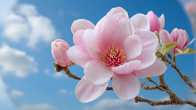 A vibrant pink flower, potentially a magnolia, unfurls its delicate petals and exposes its striking yellow and red center. A soft bud promises growth on the sturdy branch, all set against a clear blue