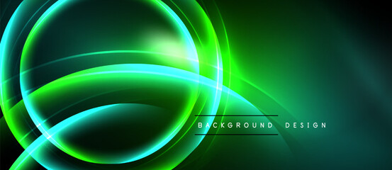 Abstract neon lines create dynamic circular shapes. Vivid green, turquoise hues dominate dark background. Modern design element.