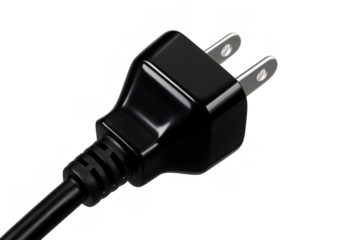 Black power plug on cord providing electricity, connection, and energy for electrical devices, transparent background