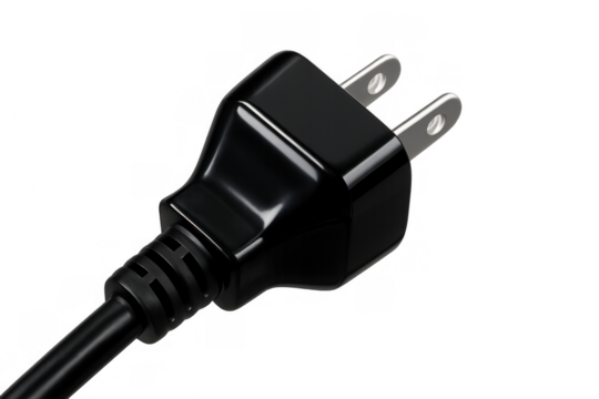 Black power plug on cord providing electricity, connection, and energy for electrical devices, transparent background