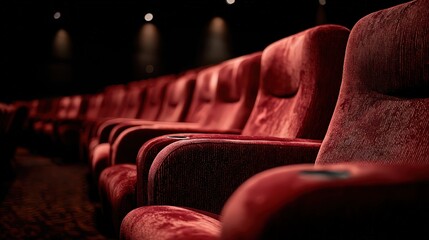 Row of Red Velvet Cinema Seats Under Dim Spotlights in Dark Interior