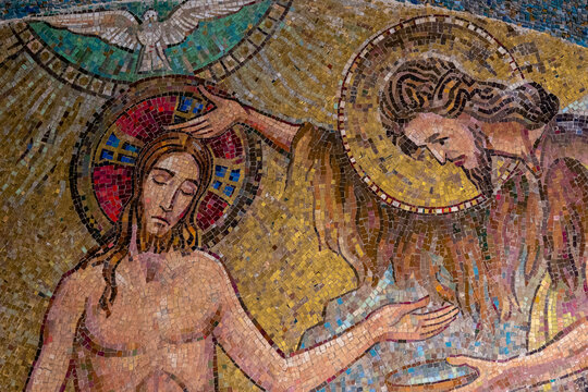 Mosaic of Baptism of Jesus by John the Baptist in the Jordan river.