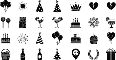 Black silhouette celebration icon set, festive symbols, birthday cakes, party hats, balloons, drinks, fireworks, vector graphic elements