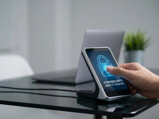 Close-up of hand using fingerprint security on smartphone for 'Cybersecurity Identity Verified' on modern dark office desk