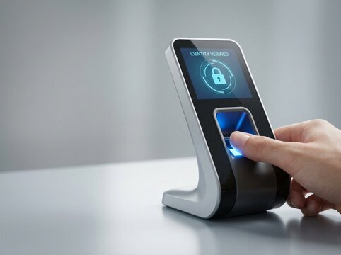 Close-up of human finger pressing modern biometric fingerprint scanner, displaying 'IDENTITY VERIFIED' and blue glow for security access