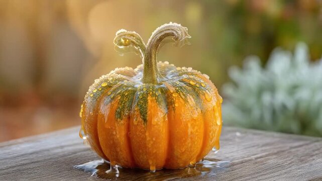 A vibrant, small orange and green gourd, resembling a decorative mini pumpkin or squash, rests on a textured, weathered wooden surface. It is initially covered in a delicate, crystalline layer of fros