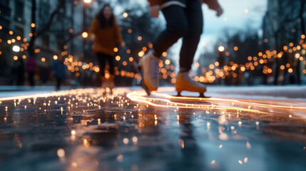 People gracefully skating on ice, illuminated by string lights, creating a magical winter evening atmosphere that invites happiness and joyous moments among friends and family.