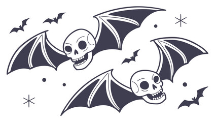 Fototapeta premium Halloween bats and skulls illustration with dark silhouettes and white accents.